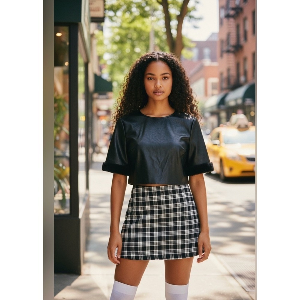 Milly Rainey Crinkled Faux Leather Crop Top Faux Fur Sleeves Women's XS Black